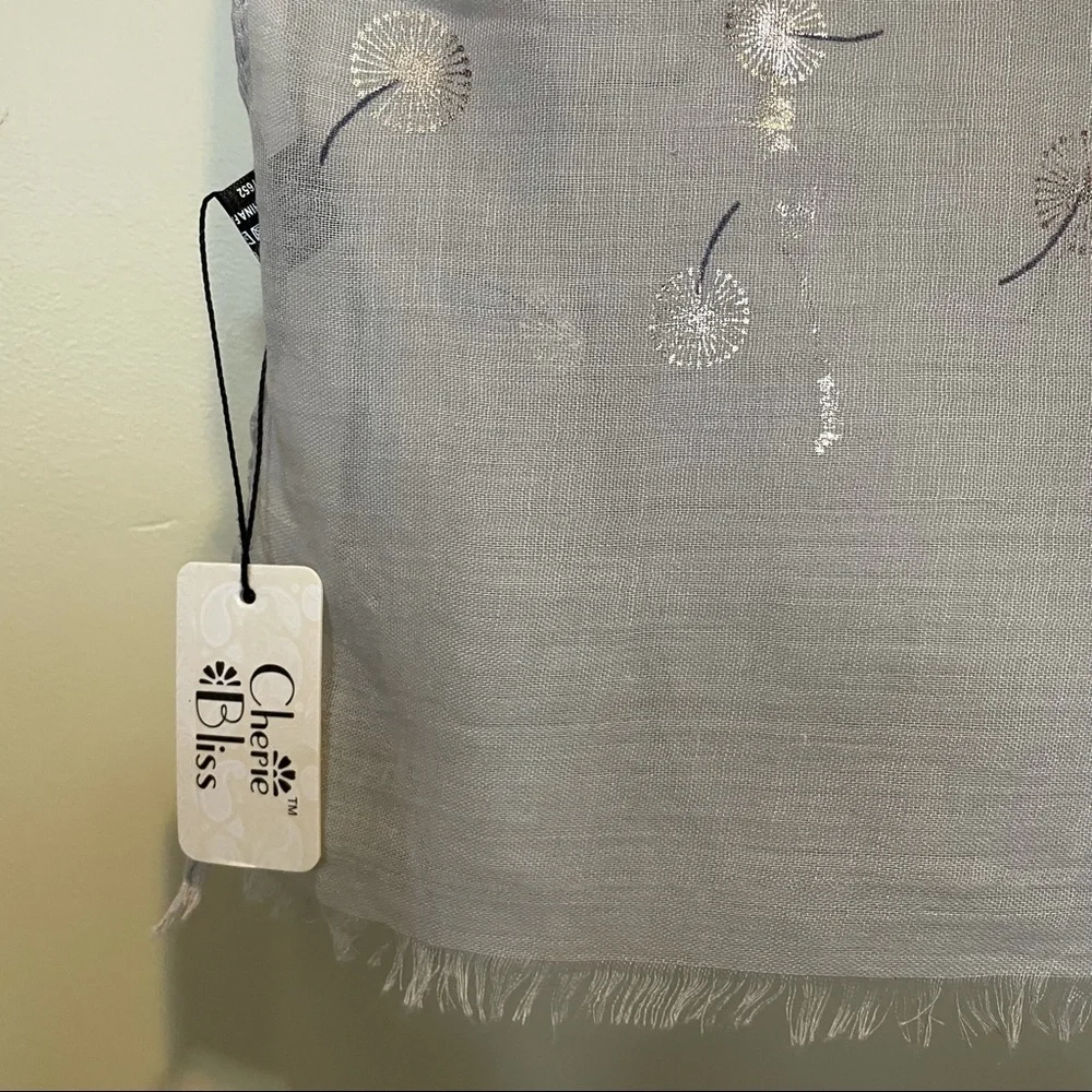 Cherie Bliss scarf metallic gold dandelion print light grey NWT - Picture 6 of 9